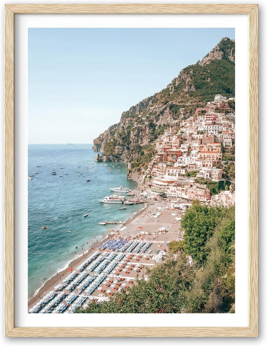 HesenDot Natural OAK Wood Framed Italian Positano Beach Wall Art,12x16in Amalfi Coast Canvas Wall Print,Summer Coastal Landscape Poster Wall Decor for Living Room,Bedroom,Office Gallery Set of 1