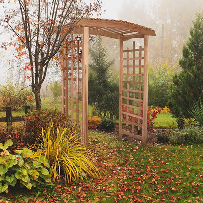 All Things Cedar PA96-Set 6-ft Cedar Garden Pagoda Arbor with Side Planters | Wedding Arch for Ceremony | Wood Trellis for Outdoor & Plant Climbing | Handcrafted (Western Red Cedar)