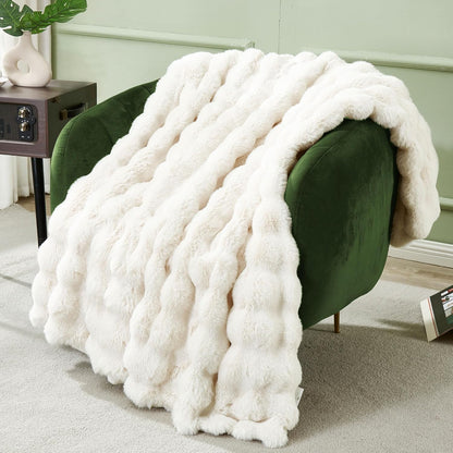 DREAMNINE Decorative Soft Bubble Fuzzy Faux Rabbit Fur Throw Blanket for Couch 50" x 60",Reversible Thick Plush Warm Fluffy Blankets for Winter, Luxury Cute Cozy Comfy Shaggy Furry Blanket,Cream White