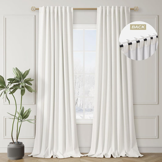 Ivory White Black Out Curtains 84 Inch Long for Bedroom Window Room Darkening Full Light Blocking Curtains Back Tab Neutral Elegant Off White Blackout Curtain Thermal Insulated Linen Drapes 52x84