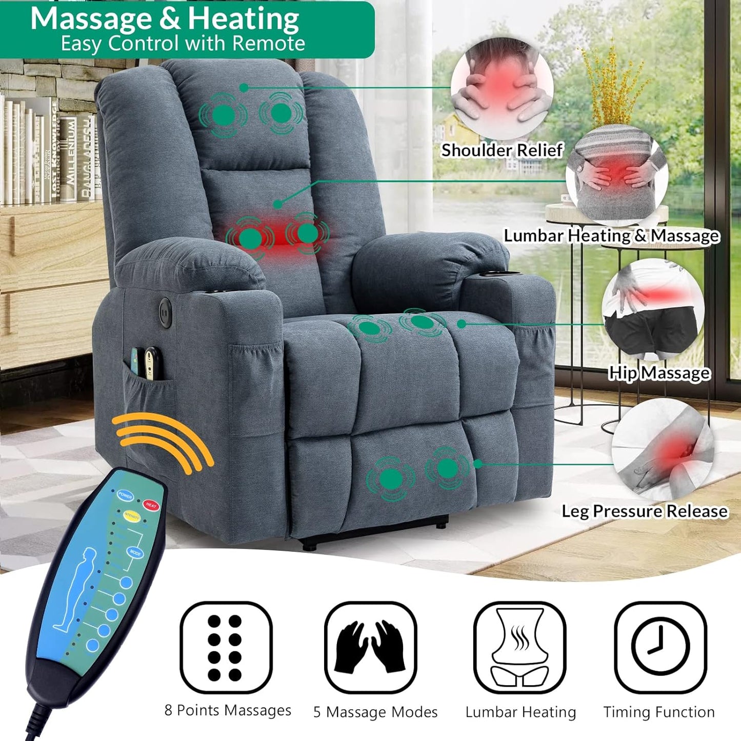 VIVIJASON Power Lift Chair Electric Recliner for Elderly Heated Vibration Massage Soft Fabric Recliner Chair with 2 Remote Controls, USB Ports, Side Pockets & Cup Holders for Living Room (Blue)