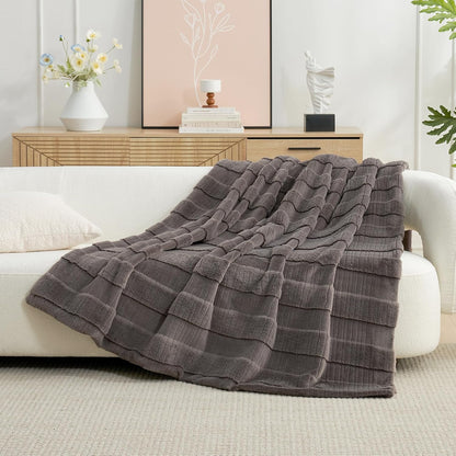 Amélie Home Luxury Striped Faux Fur Throw Blanket for Couch, Embossed Split Fur Cozy Fuzzy Fluffy Luxurious Soft Plush Sofa Chair Bed Gift Blankets for Women Men Wife Friend, 60"x80", Charcoal Gray