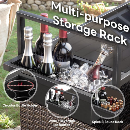 Outdoor Bar Cart with Storage Cabinet, Outdoor Grill Cart with Wheels, Rattan Bar Cart with Tempered Glass Tabletop, Outdoor Buffet Cabinet Table Cart for Mini Bar, BBQ, Food Serving, Brown Wicker