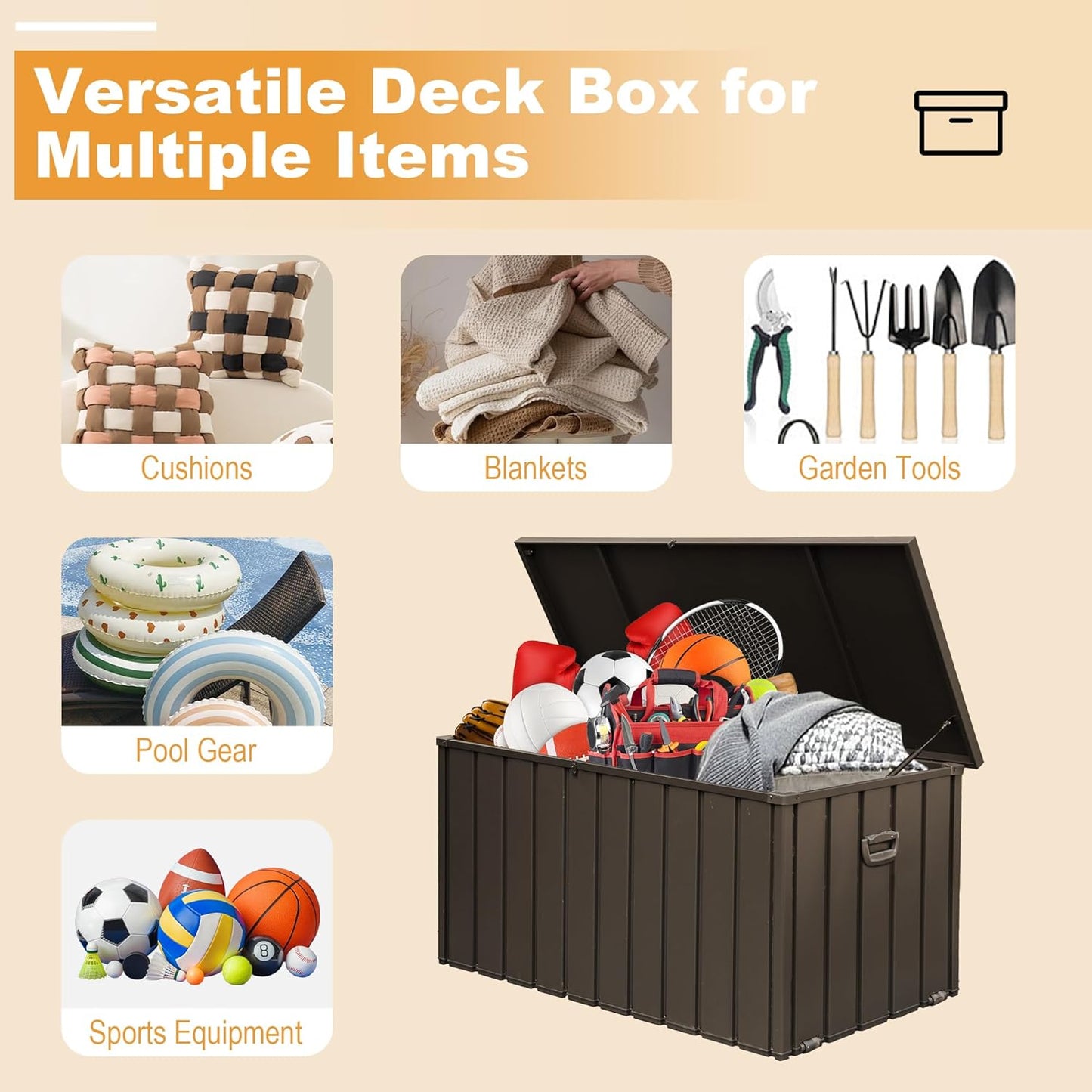 Domi 100 Gallon Deck Box, Outdoor Metal Lockable Storage Cabinet, Waterproof Steel Outdoor Bench with Lockable Lid, Side Handles & Rolling Casters for Outside Cushions, Pillows, Garden Tools, Brown