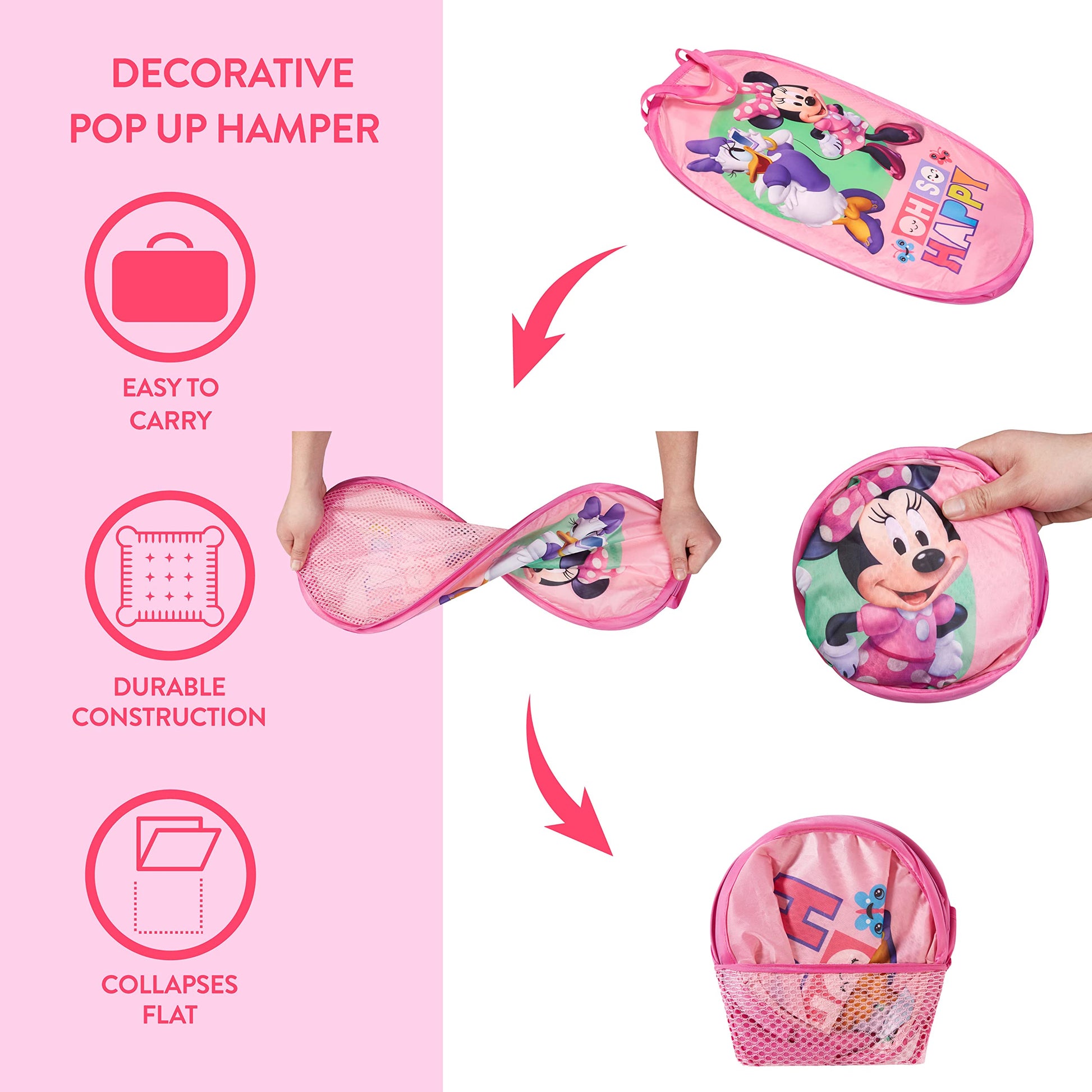 Disney Minnie Mouse Pop-Up Hamper,“Oh So Happy” Design, 21”H x 13.5”W x 13.5”L, Durable &