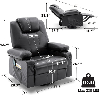 Swivel Rocker Recliner Chair with Heat and Massage, 360 Degree Swivel Rocking Single Sofa with Cup Holders and USB Port, Large Big Recliner Chair for Living Room (Leather, Black)