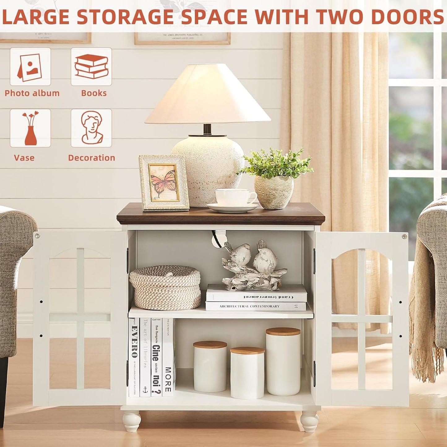 Farmhouse End Table with Charging Station,24" Large Sofa Side Table with Glass Barn Door,Rustic Wood Night Stand with Adjustable Storage Shelf,Square Bedside Table for Living Room,Bedroom Office