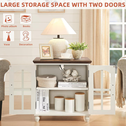 Farmhouse End Table with Charging Station,24" Large Sofa Side Table with Glass Barn Door,Rustic Wood Night Stand with Adjustable Storage Shelf,Square Bedside Table for Living Room,Bedroom Office