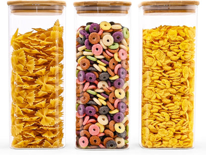 Glass Food Storage Jars Square 61oz, 3 Pack Glass Jars With Bamboo Lids, Kitchen Storage Containers For Spice, Candy, Cookie, Storage For Pantry Organizers