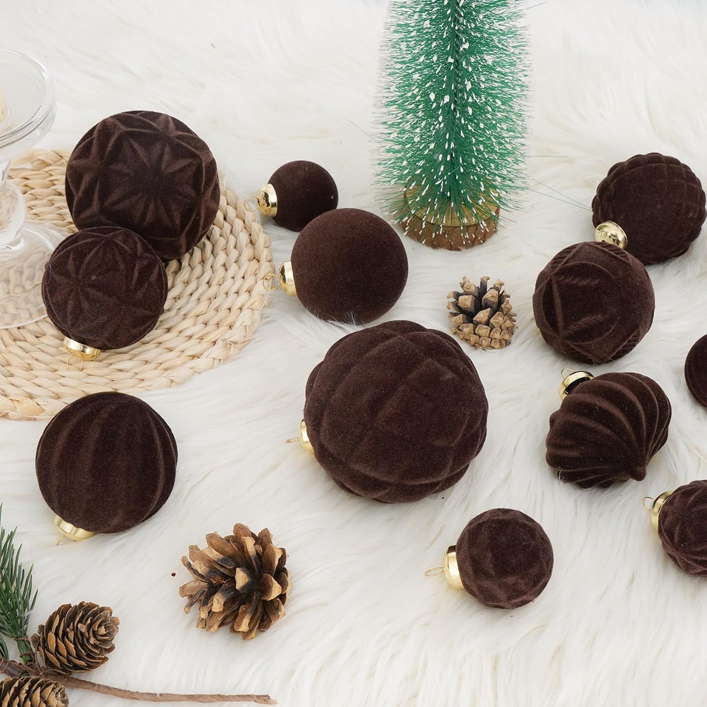 46PCS Velvet Christmas Ball Ornaments Set, Flocked Shatterproof Xmas Tree Decor, Assorted Hanging Ornaments with Loop for Holiday Home Decor, Christmas Tree, Mantel, Party Decoration (Brown)