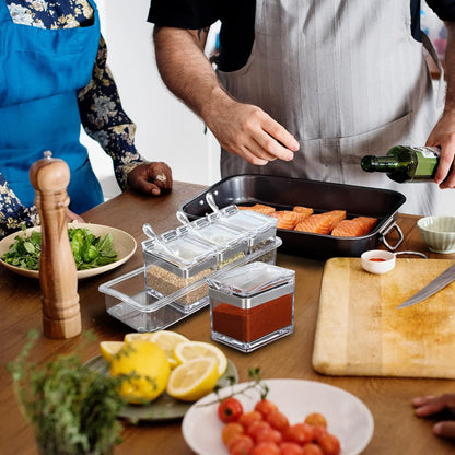 2 Set Acrylic Seasoning Organizer Box 8 Pcs Clear Seasoning Rack Spice Pots Condiments Containers with Lids and Spoons Storage Container Spice Jar for Salt Sugar Cruet Kitchen Cooking Organizer