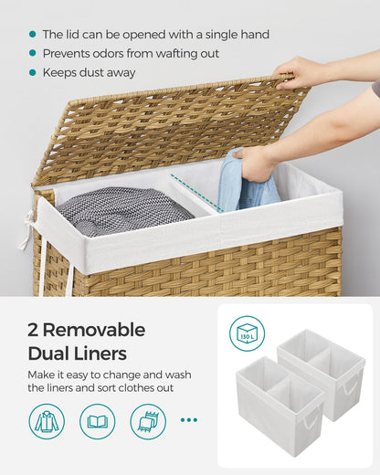 SONGMICS Laundry Hamper with Lid, 130L Double Wicker Basket, 6 Mesh Bags