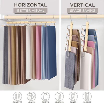 MORALVE Pants Hangers Space Saving - 2 Pack European Beechwood Scarf and Jean Hangers - Closet Organizer and Space Saver Pant Rack, Leggings Hanger, and Scarf Holder with 360° Swivel Hook
