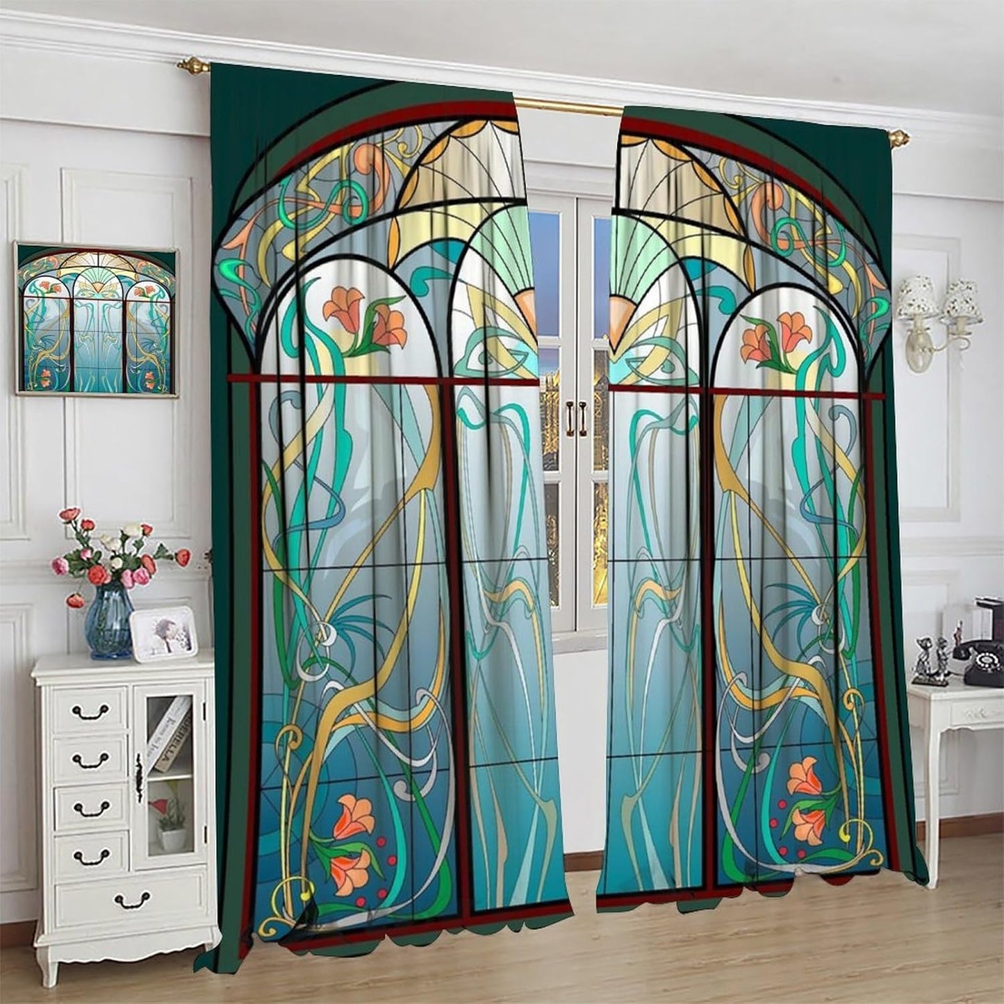 Stained Glass Curtains, Retro Mid Century Boho Abstract Art Home Decor Drapes for Bedroom Living Room Kitchen Window Treatment 2 Panels Set Total Size 84" W X 84" L Inch