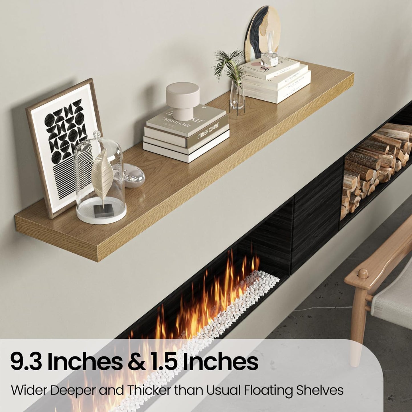Floating Shelves for Wall, 48" W x 9.3" D x 1.5" H, Wooden Wall Mounted Display Shelves with Invisible Brackets for Living Room, Bedroom, Bathroom, Kitchen Decor and Storage, Set of 1, Oak