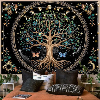 Lunerfex Tree of Life Tapastry Sun and Moon Tapastry Flower Boho Tree Mandala Wall Hanging for Bedroom and Living Room Decor Green Tree 70×90 Inches