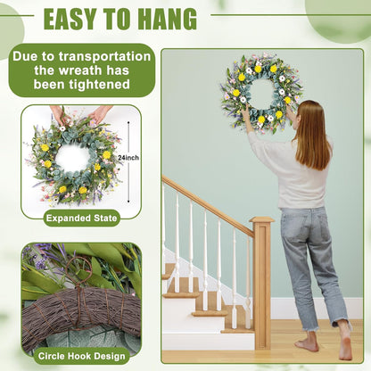 Artgar Spring Wreaths for Front Door, 24 Inch Daisy Wreath, Artificial Spring Summer Wreath with Eucalyptus Leaves Paper Flowers for Indoor Outdoor Home Door Window Wall Wedding Decor
