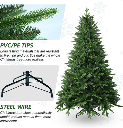 8 FT Artificial Christmas Tree with 2639 PE&PVC Mixed Branch Tips, Unlit Hinged Premium Spruce Fake Xmas Trees, Green, Foldable Base