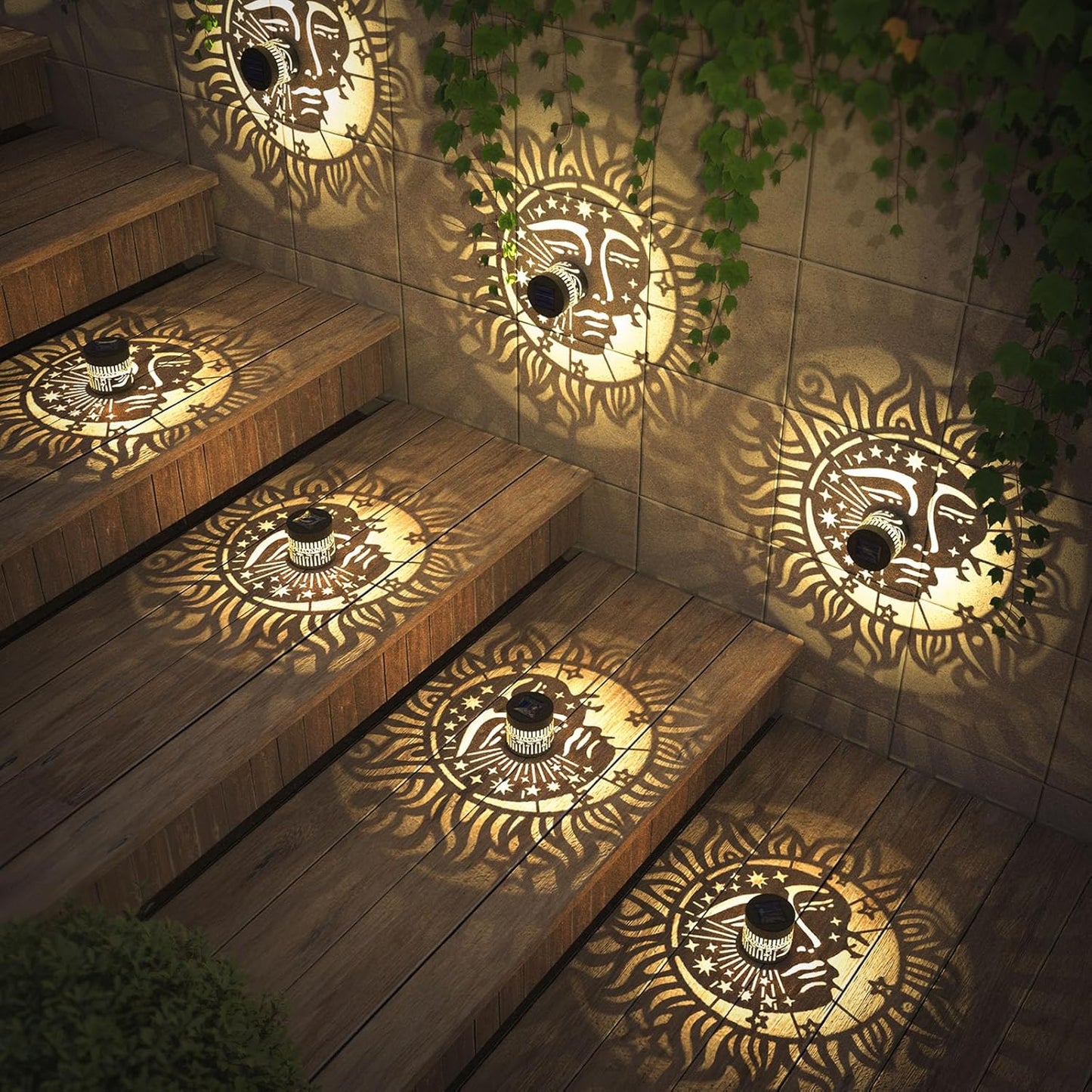 4 Pack Solar Fence Lights Metal Solar Powered Outdoor Wall Deck Step Lights Sun Moon Theme Waterproof Fence Light for Garden Post Patio Backyard Yard Decor, Gardening Gifts for Women Mom Grandma