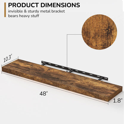 Floating Shelves - 10.23 Inch Deep Wall Shelf for Decor & Storage - Wall Mounted Display Shelving with Invisible Heavy-Duty Metal Bracket - 48" W x 10.23" D x 1.8" H - Set of 1 - Rustic Brown