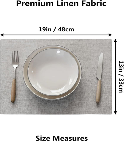 Demetex Placemats Set of 8 Grey Washable Fabric Place Mats Heat Resistant Linen Placemat for Indoor Kitchen Dining Room Tables, 13x19 inch, Light Grey