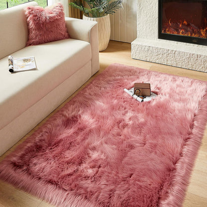 AMTOVO Faux Fur Sheepskin Rug for Living Room, 4 x 6 ft Blush Pink Fluffy Area Rug for Bedroom, Playroom, Luxury Room Decor, Rectangle