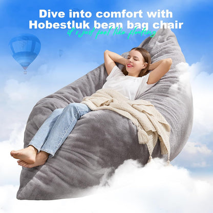 Hobestluk 3 in 1 Bean Bag Chair Giant Bean Bag Chairs for Adults with Chevron Plush Fur Cover Convertible Bean Bag Floor Cushion with Machine Washable Cover for Living Room (Plush Grey)