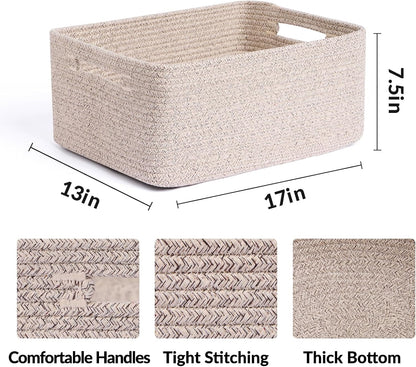 Large Storage Baskets for Shelves, Closet Organizers Bins for Clothes Blanket Towels, Baby Nursery, Toy Baskets Box, Woven Rope Baskets, 17 x 13 x 7.5”, 2 Packs Mixed Brown
