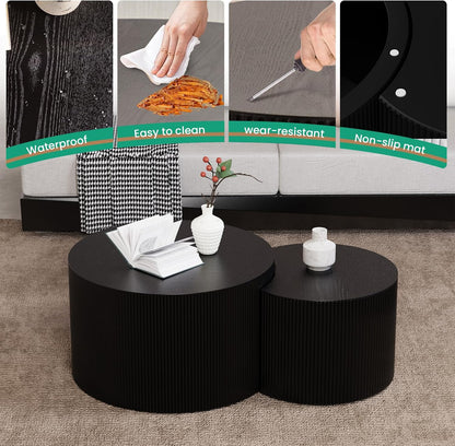 Round Nesting Coffee Table Set of 2 Handcraft Circle Fluted Nesting Coffee Tables Circular Side Table Drum Accent End Tables for Living Room Bedroom (Black Large)
