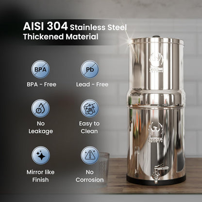 Gravity Water Filter System 2.25 Gallons NSF Certified - AISI 304 Stainless Steel Countertop Water Filtration with 2 Smart (Black) Carbon Filter Elements & Stainless Steel Water Spigot