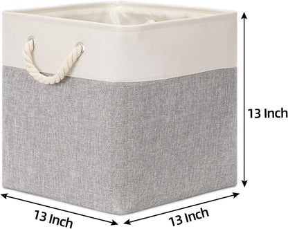 Bidtakay Fabric Basket Set - Large Square Organizer Bins, 13x13, Set of 3, White & Grey