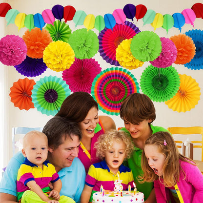 Fiesta Party Decorations, Multicolored Paper Pompoms Fan Garlands for Mexican Party Cinco De Mayo Luau Event Birthday Holi Decorations Colorful Rainbow Party Supplies