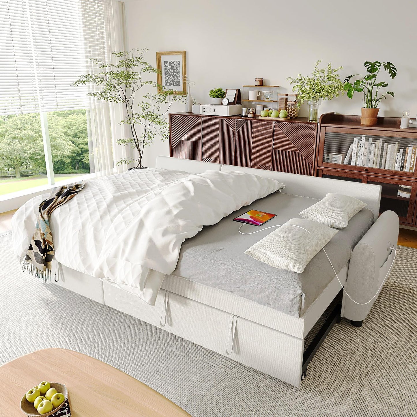 Ucloveria Sleeper Sofa Bed, 86" Convertible Sectional Sofa Couches for Living Room, 4 in 1 Pull Out Couch Bed with Reversible Storage Chaise | USB Ports | Side Pockets | Removable Backrest