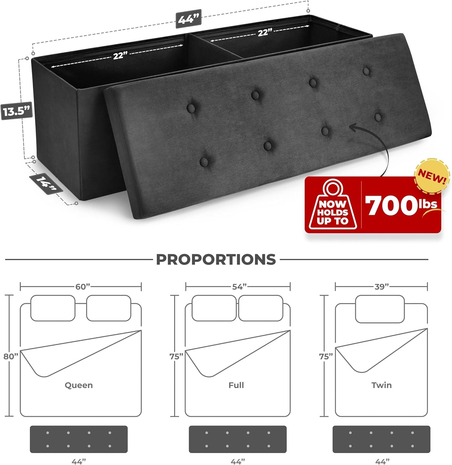 Sorbus Storage Ottoman Bench – for Living Room, Hallway, End of Bed, Bedroom Bench 43 in Large Folding Chest Seat Trunk w/Cover – Blankets, Coffee Table, Foot Rest– Tufted Velvet Linen Fabric (Black)