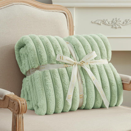 Amélie Home Faux Fur Throw Blanket for Couch, Cozy Fuzzy Fluffy Fur Luxurious Soft Striped Plush Gift Blankets for Family Sofa Chair Bed Living Room Bedroom, 55"x70", Sage Green