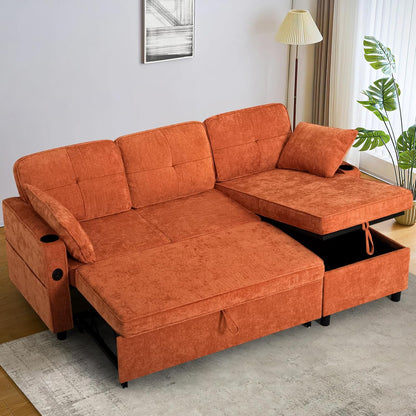 84 Inches Chenille Sectional Sofa w/Pull-Out Sofa Bed & Adjustable Back, Tufted L-Shaped Couch w/Storage Chaise, Sleeper Sectional Sofa w/USB Port & Cup Holders for Living Room, Orange