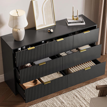 Black 7 Drawer Dresser for Bedroom, Modern Fluted Dresser with Gold Metal Handles, Wide Chest of Drawers for Bedroom, Living Room, Entryway, Hallway, 55.9" L x 15.7" D x 31.4" H