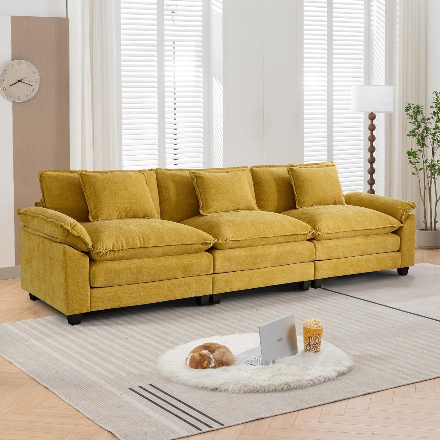 URRED Modular Sectional Sofa Comfy Cloud Couch, Modern Chenille Sofa Sleeper Deep Seat Couches with Ottoman/Pillows for Living Room (Yellow, 117'')
