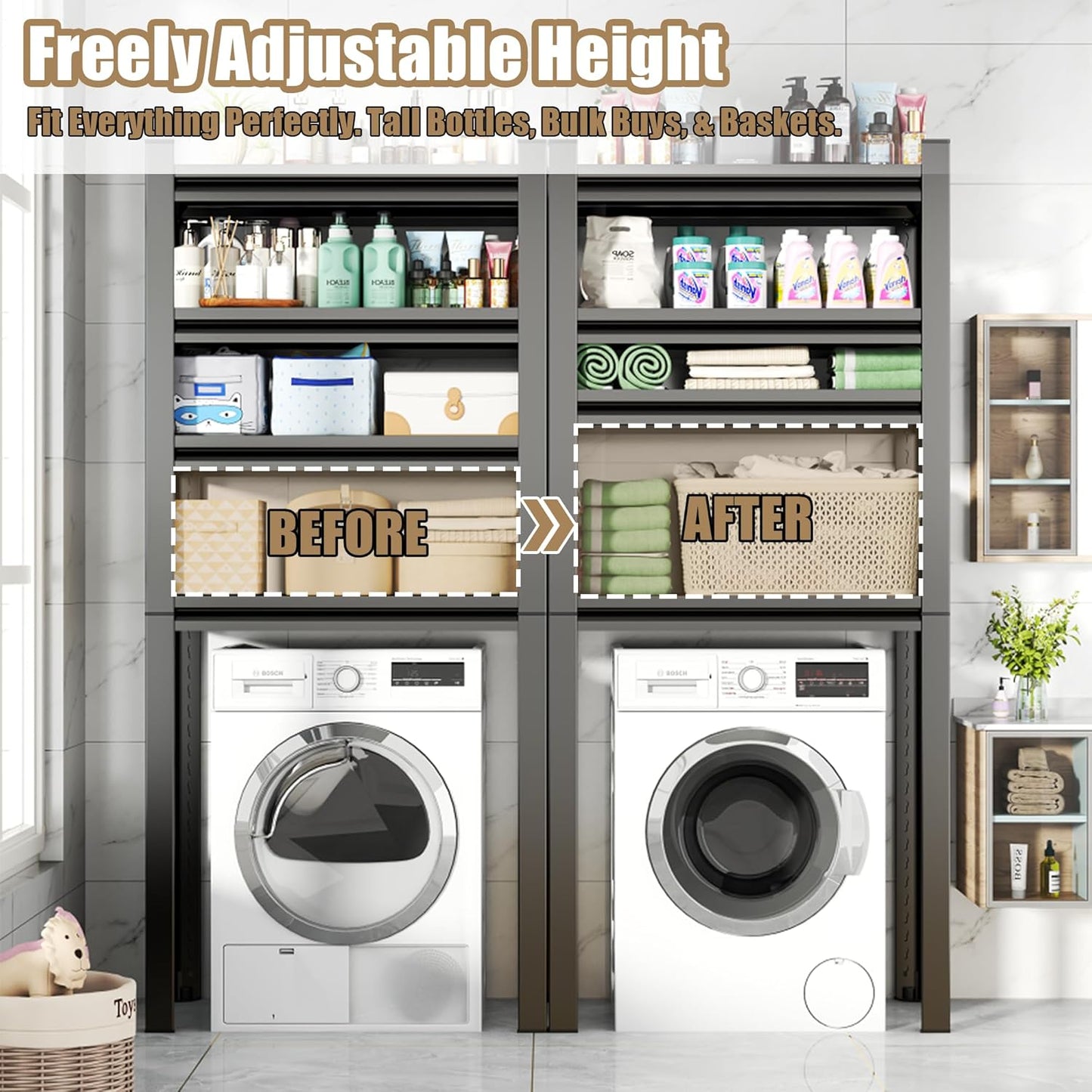 Over The Washer and Dryer Storage Shelf with Baskets, Multi Functional Storage Rack Storage Shelf Organizer Black for Laundry Room,Suit Washing Machine Width Within 32.6", Hold 500 lb, Black