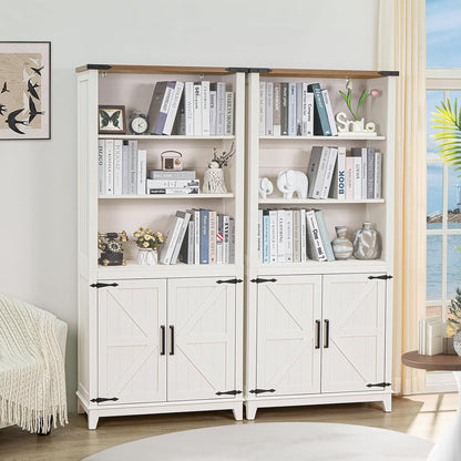 5 Tier Bookshelf 70in Tall Bookcase with Barn Doors and Storage Cabinet, White Farmhouse Book Shelf with Adjustable Shelves, Wood Freestanding Display Bookshelves for Bedroom, Living Room