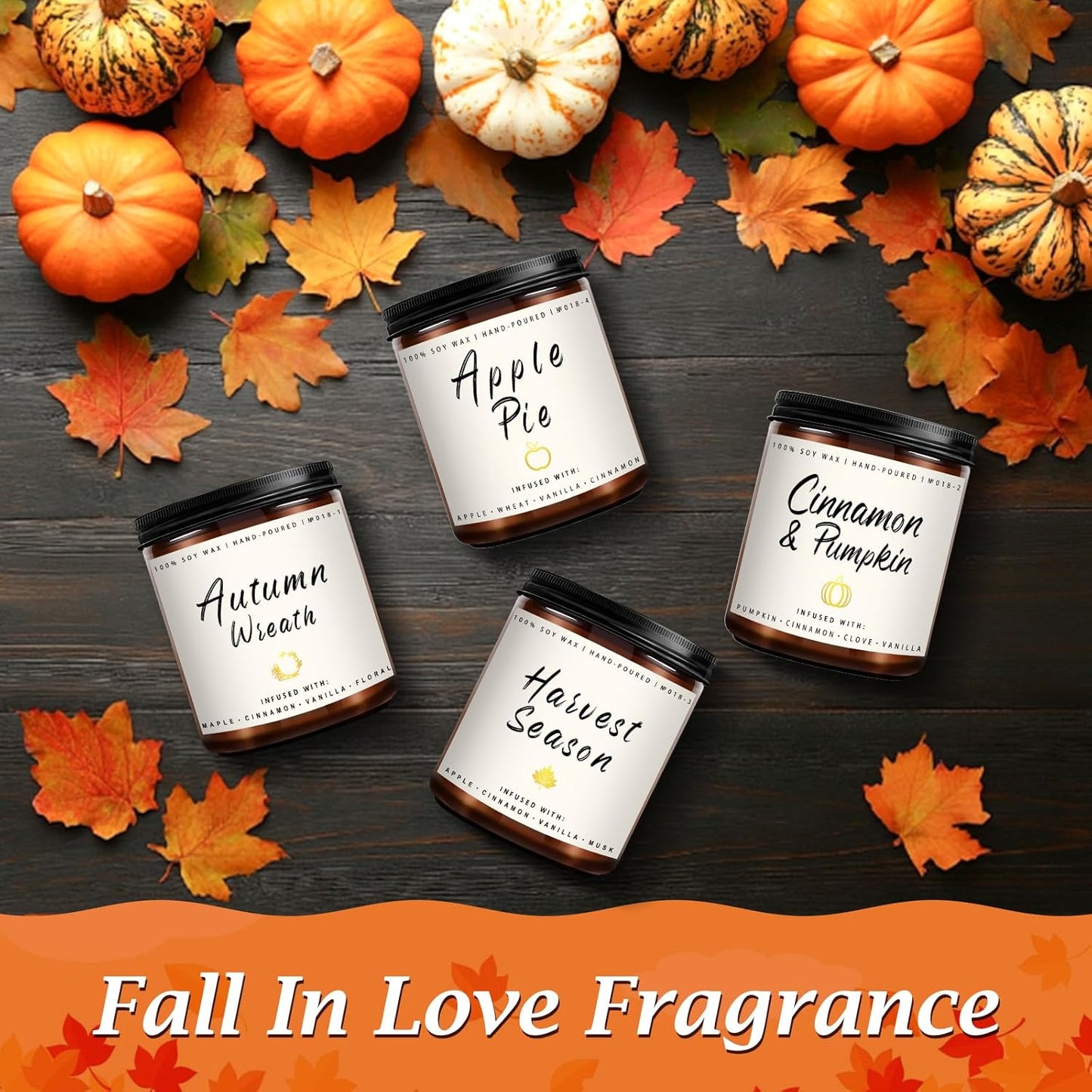 Auelife Fall Candle Set | 4 Pack Scented Candles for Home - Candle Gifts for Women Men, Soy Candles Home Scented | Autumn Fragrance of - Apple Pie/Cinnamon/Harvest/Wreath