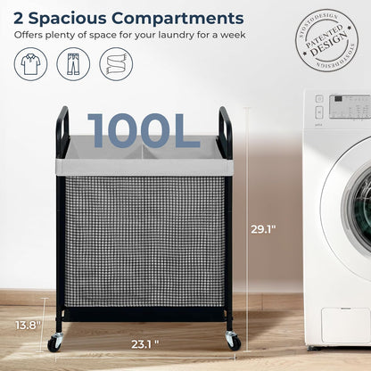 STO STO Laundry Hamper 2 Section, 100L Rolling Laundry Sorter Cart with Removable and Washable Liner Bag, Rolling Clothes Hamper with Metal Handle for Laundry Room and Bedroom, Gray