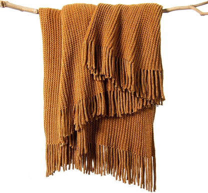 lifein Throw Blanket for Couch, Soft Boho Decor Bed Throw,Cozy Brown Knitted Chenille Small Farmhouse Lightweight Throw for Spring(Golden Brown,60 * 80")