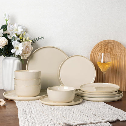 GBHOME Ceramic Dinnerware Sets for 4, 12 Pieces Stoneware Plates and Bowls Sets, Scratch Resistant Dishes, Dishwasher & Microwave Safe, Reactive Glaze-Vanilla color