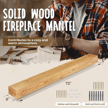 72x8x5 Fireplace Mantel - Handcrafted Rustic Solid Wood Wall Mounted Floating Shelf with Invisible Heavy Duty Wood Bracket (Natural)