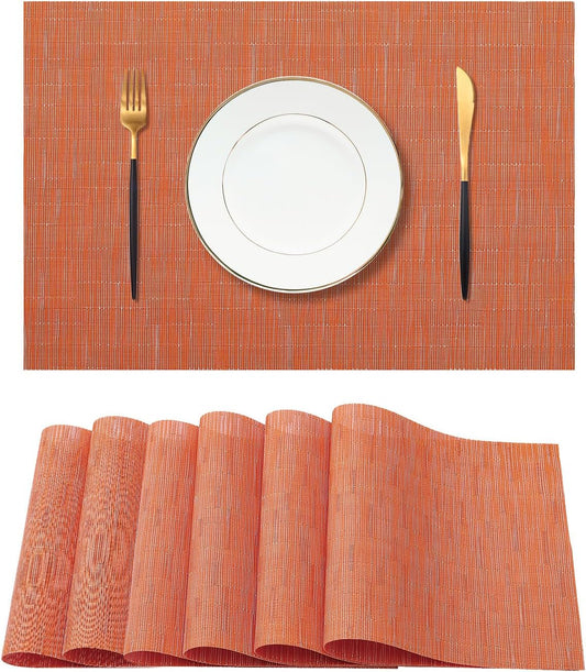 Leetaltree Orange Placemats Set of 6 - Heat Resistant Non-Slip Place mats for Dining Table, Washable Durable PVC Vinyl Woven Table Mats（Orange, 6）