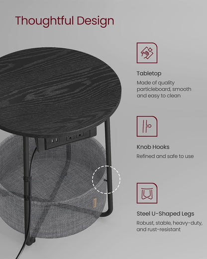 VASAGLE Side Table with Charging Station, Round End Table with Fabric Basket, Nightstand with Power Outlets, USB Ports, for Living Room, Bedroom, Modern, Ebony Black and Slate Gray ULET228B01