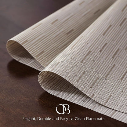 Placemats Set of 6 - Easy Clean Woven Vinyl Placemats for Dining Table, Indoor/Outdoor Place Mats, Washable PVC Table Mats （Pale Beige）