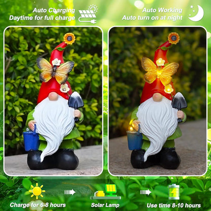 Gnomes Garden Statues Decor, Solar Waterproof Large Gnome with LED Lights Funny Garden Sculptures Outdoor Patio Yard Decorations Lawn Ornaments Gifts for Women Mom