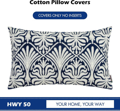 HWY 50 Navy Blue Decorative Lumbar Pillow Cover Rectangle 12x20 Inch (1 Piece), Embroidered Cotton Farmhouse Cushion Cover Pillow Case for Sofa Couch Living Room Bed, Minimalist Floral